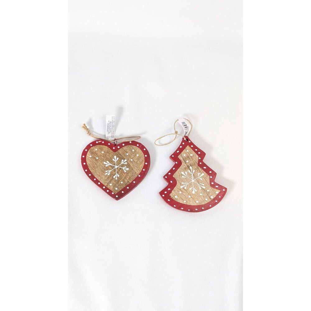 Christmas Ornaments Heart Tree Wood Hand Made Painted Rustic Cottage Farmhouse